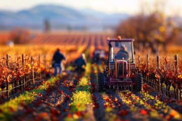 The image captures farm workers and a tractor in a vineyard at sunset during the autumn season. The...