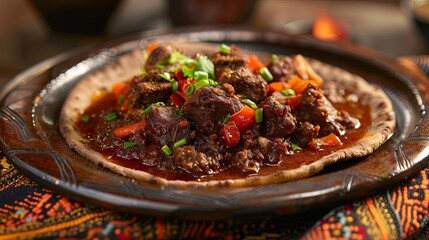 A mouthwatering plate of traditional Ethiopian injera and spicy stews, showcasing the rich flavors and unique culinary traditions of Ethiopian cuisine.