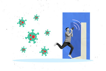 Composite trend artwork sketch image photo collage of young man hold loudspeaker suffer run from virus illness pandemia quarantine