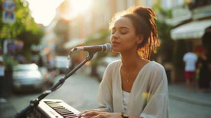 Woman playing keyboard and singing on a sunlit street.