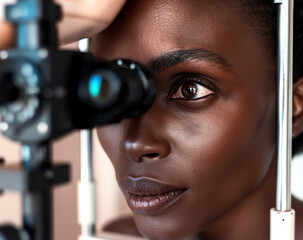 Close-Up of Woman's Eye During an Eye Exam Black woman getting eye test by doctor with machine,...