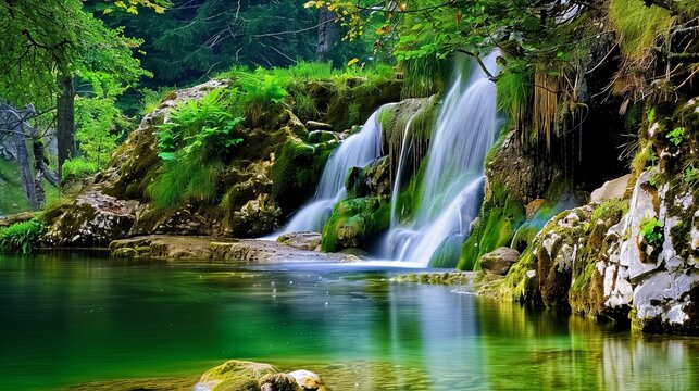 A secluded woodland waterfall hidden deep within a forest, its pristine waters tumbling over moss-covered rocks into a clear pool below.