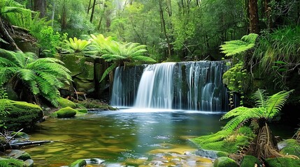 A serene forest waterfall cascading over moss-covered rocks into a shallow pool below, surrounded by vibrant greenery and ferns.