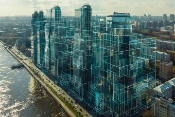 Conceptual Representation of Holographic Building Development Over Cityscape, AI wireframe city design 