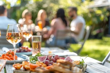 Close up of a wine glass with a group of friends enjoying a relaxed summer garden party in the background, featuring fresh fruits and snacks on a sunny day.