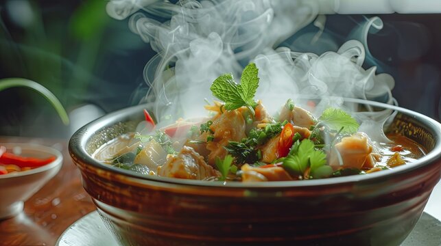 A steaming bowl of fragrant Thai green curry with tender chicken and aromatic herbs, symbolizing the widespread appreciation for bold and flavorful Thai cuisine.