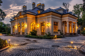 A classic house in soft gold, with a cobblestone driveway and elegant outdoor lighting. - obrazy, fototapety, plakaty