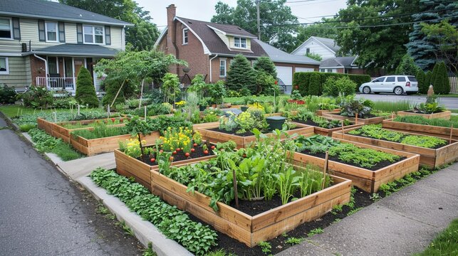 A suburban front yard transformed into a vegetable garden, with raised beds filled with homegrown produce and herbs, promoting sustainability and self-sufficiency.