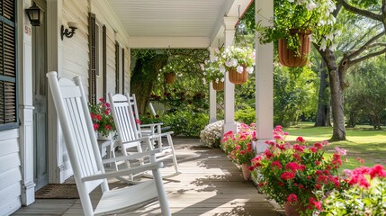 A sunny front porch with rocking chairs and hanging baskets of flowers, creating a cozy and inviting outdoor space for relaxation.