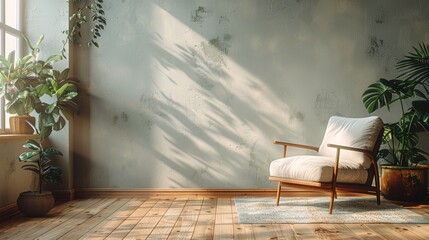 An empty room with a chair in the center. There are plants in the background and sunlight is shining through the window. - obrazy, fototapety, plakaty