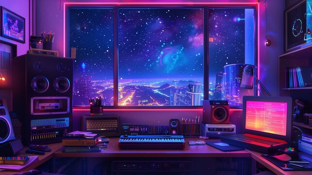 a mesmerizing image of a colorful study lo-fi desk, illuminated by soft, atmospheric hip-hop lights that dance across the room like twinkling stars.