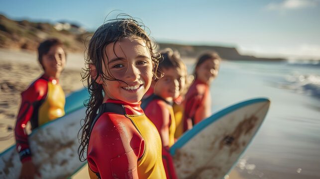 group of children with surfboard on a beach taking surfing lessons