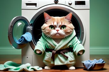 domestic cat in a bathrobe washes clothes in a washing machine, isolated on a green background