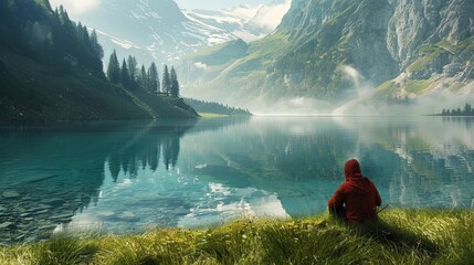 A traveler enjoying a peaceful moment of solitude while sitting by a tranquil lake in the wilderness, surrounded by serene natural beauty and finding inner happiness amidst the journey. - obrazy, fototapety, plakaty