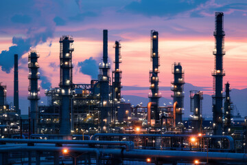Fototapeta na wymiar A modern black oil refinery against the twilight sky. Industrial oil refinery with illuminated structures