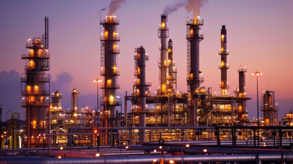 A modern black oil refinery against the twilight sky. Industrial oil refinery with illuminated structures