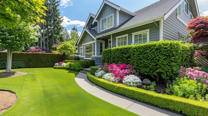 A well-manicured lawn bordered by neatly trimmed hedges and flowering shrubs, enhancing the curb appeal of a suburban home. - obrazy, fototapety, plakaty