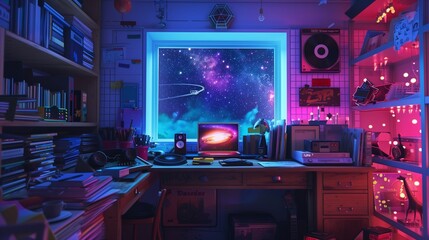 a mesmerizing image of a colorful study lo-fi desk, illuminated by soft, atmospheric hip-hop lights...