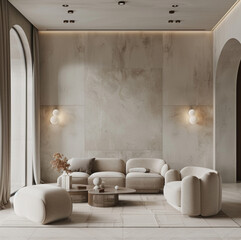 modern and minimalist living room with soft colors and beige cream, with windows light gray 