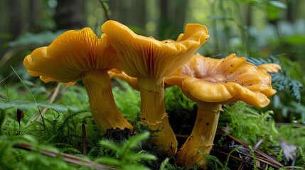 Close-up of wild chanterelle mushrooms freshly harvested from the forest floor, showcasing their golden color and distinctive trumpet-like shape.