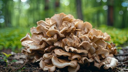 Cluster of maitake mushrooms growing in the wild, also known as hen of the woods, appreciated for their rich flavor and potential health benefits.