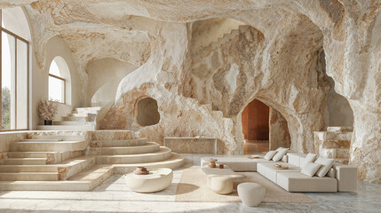 Minimalistic cavernous comfort. Interior design of a house carved into a cave. 