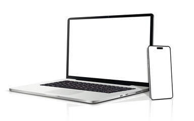 Laptop computer and mobile phone mockup. Digital devices screen template.