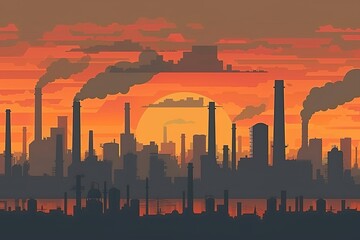 Silhouette of an industrial skyline against an orange sunset, capturing the complex beauty and environmental impact of urban industry.