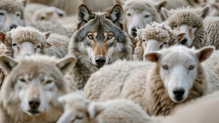 The intense gaze of a wolf surrounded by sheep, highlighting the tension between a predator and its unsuspecting prey.