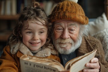 grandfather reads to his gleeful grandchildren, enveloping the scene in a radiant aura of joy and warmth to boy and girl. - obrazy, fototapety, plakaty