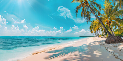 Beautiful tropical beach with white sand, palm trees, turquoise ocean against blue sky with clouds on sunny summer day. Perfect landscape background for relaxing vacation,  Amazing beach landscape 