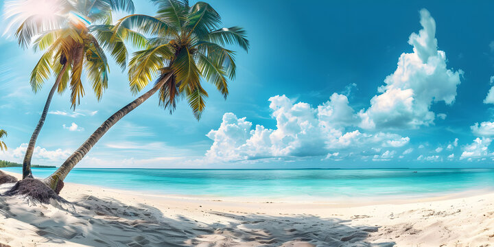 Beautiful tropical beach with white sand palm trees turquoise ocean against blue sky with clouds  background and wallpaper ,Beautiful tropical beach banner. White sand and coco palms travel tourism wi
