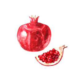 Hand drawn watercolor pomegranate fruit whole and cut with seeds illustration set. Tropical exotic fruit for food and drink background.