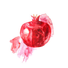 Hand drawn watercolor pomegranate fruit illustration with artistic paint stains. Tropical exotic fruit for food and drink background.