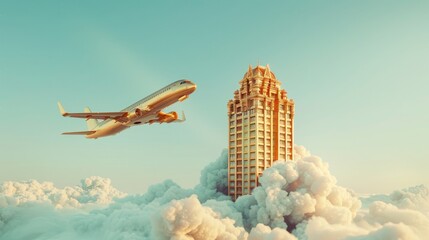 A majestic 3D render of a golden airplane soaring above cumulus clouds with a traditional pagoda emerging through the mist, symbolizing travel and architecture.