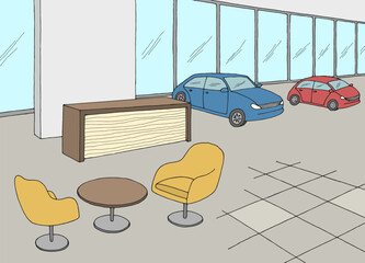 Car showroom graphic color store interior sketch illustration vector 