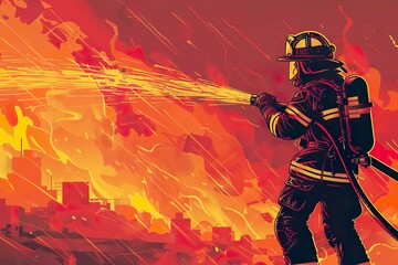  Illustration of a firefighter battling a blaze, capturing the intensity and heroism of fire services in an artistic red-hot background.
