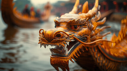 3. Dragon Boat Prowess: A close-up view captures the ornate dragon head adorning the prow of a majestic dragon boat, its fierce expression and intricate detailing symbolizing stren