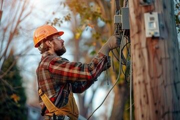 Electrician works on wiring a utility pole, showcasing skilled labor and attention to detail in a residential setting.