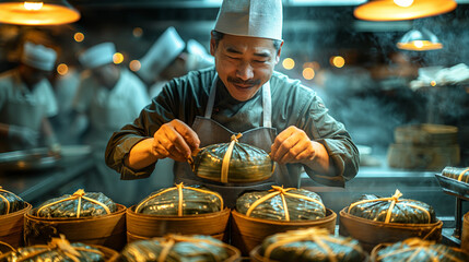 6. Dumpling Delights: In a bustling kitchen illuminated by flickering lanterns, skilled chefs meticulously prepare batches of zongzi, pyramid-shaped glutinous rice dumplings wrappe