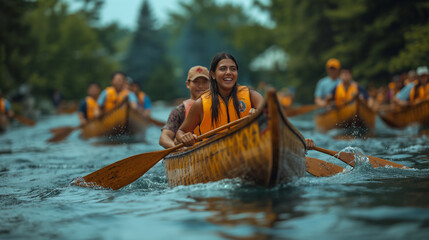10. Community Unity: A spirit of camaraderie permeates the air as teams of dragon boat enthusiasts come together to participate in friendly competition, with paddlers representing - obrazy, fototapety, plakaty