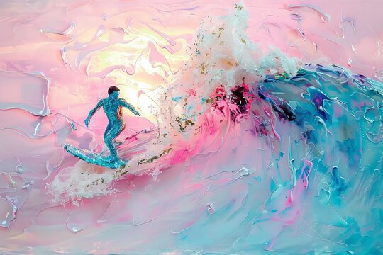 A painting of a surfer riding a wave. The wave is pink and blue, and the surfer is blue and pink. The painting has a lot of texture, and it looks like it was made with oil paints.