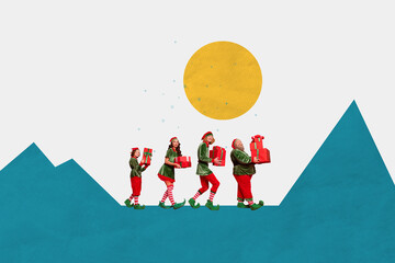 Photo collage image of four person family elf carry presents gift delivery snow winter season celebrate merry christmas happy holiday