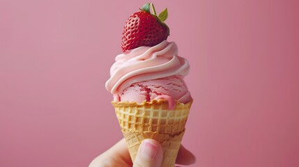 Hand holding strawberry ice cream cone on pink faded pastel color background, Strawberry ice cream...