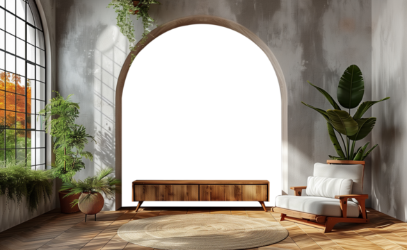 Modern living room interior with wooden sofa and arched window mockup