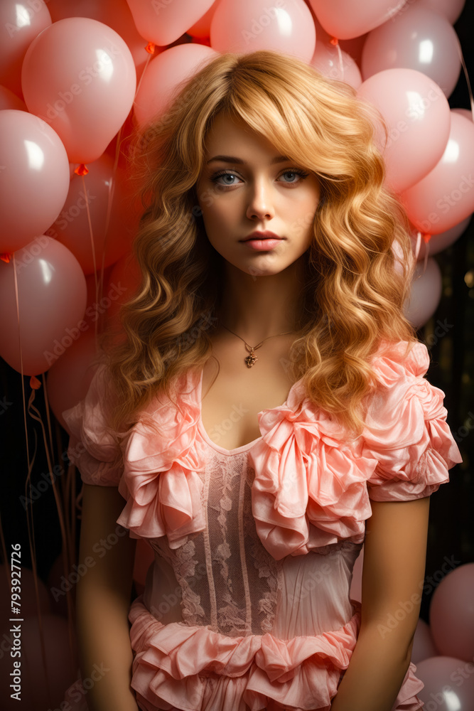 Poster woman with blonde hair and blue eyes standing in front of balloons.