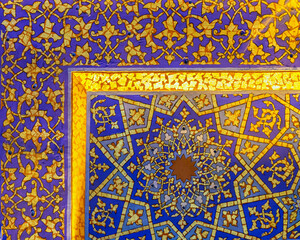 Exquisite blue and gold Islamic ornamentation, opulent design and cultural expression. Madrasa...