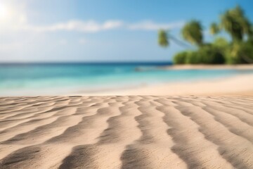 Fototapeta premium Tranquil beach scene with sandy shores, blue sea, palm trees, and clear sky on a sunny day