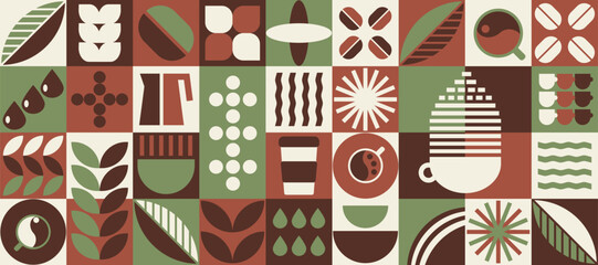 Coffee Pattern, Bauhaus geometric shapes in tiles, decorative abstract art with grain, leaves, water, coffee pot, banner © Lidiia Shapoval