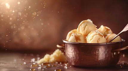 Ice cream balls in a cooper saucepan with caramel on brown background, Close up of sweet desert in freeze motion - obrazy, fototapety, plakaty